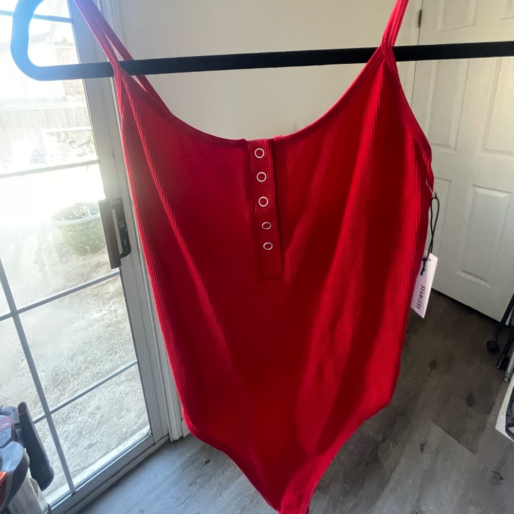 Red Ribbed Cami Thong Bodysuit